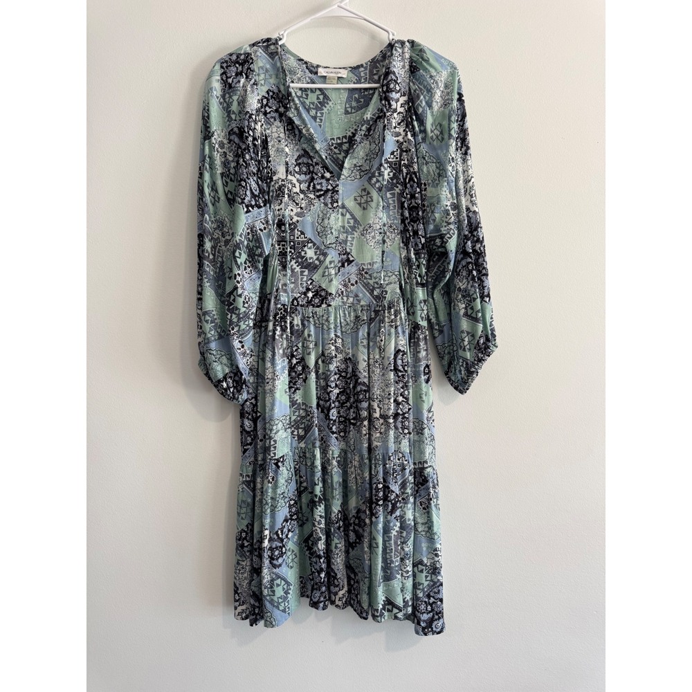 Calvin Klein Patchwork Print Tiered Midi Dress Womens 10 Blue Mint Long Sleeve